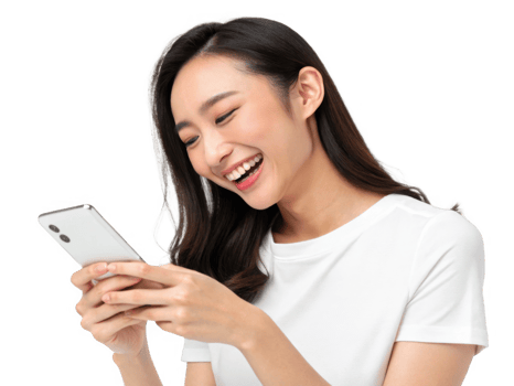 Happy young Asian woman using cell phone, smiling joyfully png