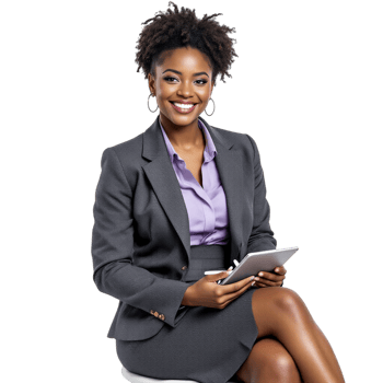 A smiling african american woman in a business suit sitting on a stool png