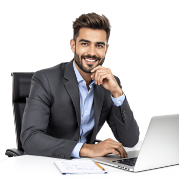 A man in a suit sitting at a desk with a laptop png