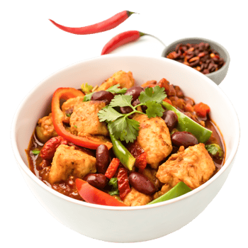 Delicious Chicken Chili with Kidney Beans, Peppers, and Cilantro in Bowl png