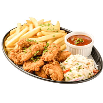 Delicious Crispy Chicken Tenders, French Fries, Coleslaw, and BBQ Sauce Platter png