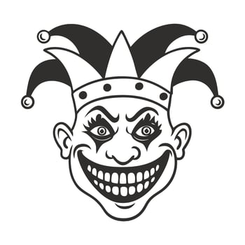 grinning jester face in black and white, classic joker illustration with pointy hat and expressive eyes vector