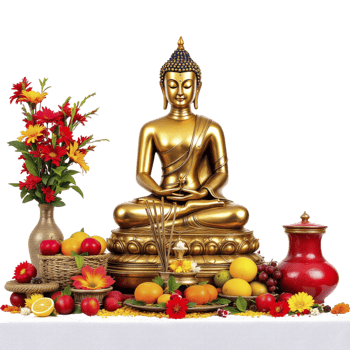 A gold buddha statue surrounded by fruit and flowers png