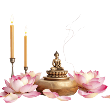Buddha statue with incense and lotus flowers png