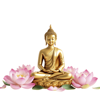 Golden buddha statue with lotus flowers on black background png