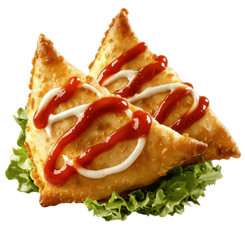 samosas topped with ketchup and mayonnaise on lettuce png