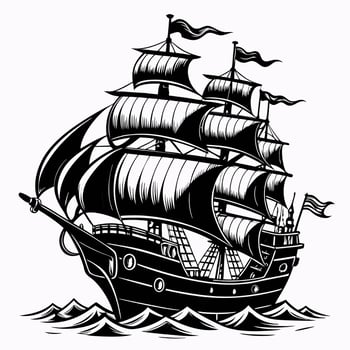 Vintage Sailing Ship Illustration Black and White Nautical Art with Waves vector