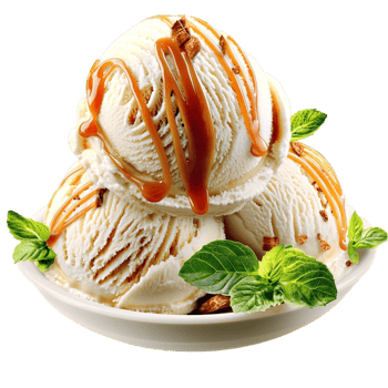 Vanilla ice cream scoops drizzled with caramel sauce png
