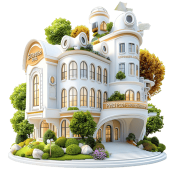 Architectural white building with lush greenery and intricate balconies png