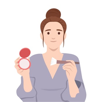 Young woman with her hair in a bun holds a makeup brush and compact powder. vector
