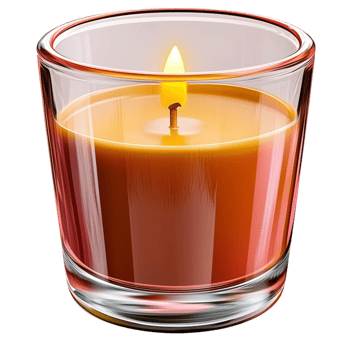 Glass candle holder with a burning orange candle casting a warm glow png
