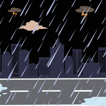 Cityscape at Night Under a Heavy Rainstorm vector