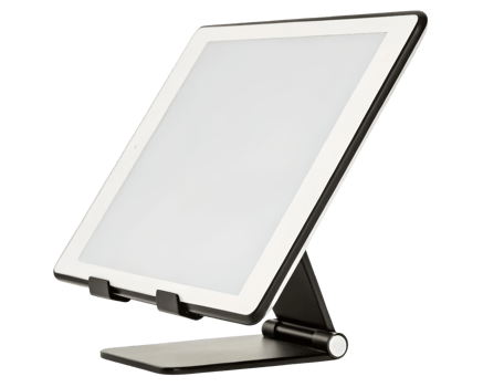A tablet on a black stand on a transparent background png