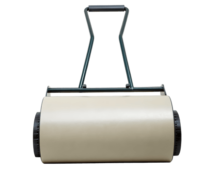 A lawn roller with a handle prepares soil for planting on a transparent background png