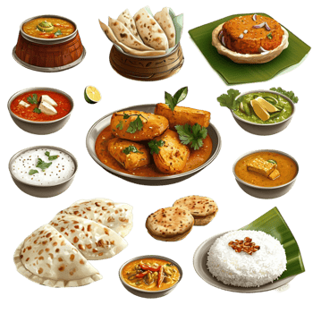 Traditional Indian meal with a variety of dishes served on a platter png