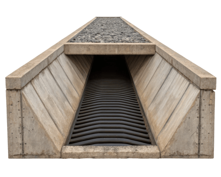A concrete drainage ditch with a grate manages water runoff on a transparent background png
