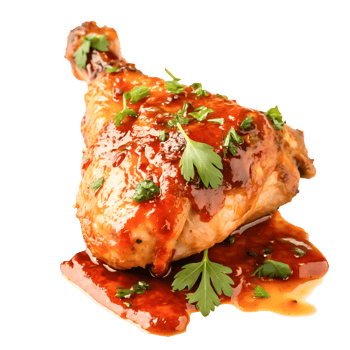 Delicious Glazed Chicken Leg Quarter, BBQ Sauce, Parsley Garnish, Food Photography png