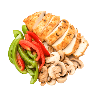 Delicious Grilled Chicken Breast Slices with Sauteed Mushrooms and Bell Peppers png