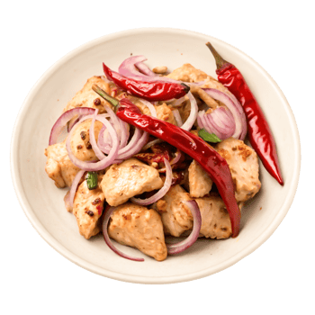 Delicious Spicy Chicken Stir-fry with Red Onion and Chili Peppers png