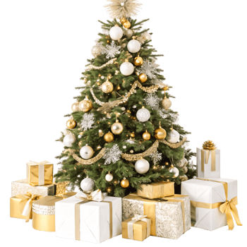 Elegant Gold White Christmas Tree with Luxurious Gifts, Isolated png