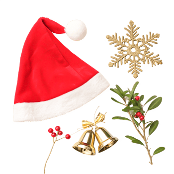 Festive Christmas Elements Santa Hat, Snowflake, Holly, Bells, Berries - Holiday Design png