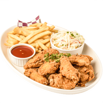 Delicious Crispy Fried Chicken Wings with French Fries and Coleslaw png