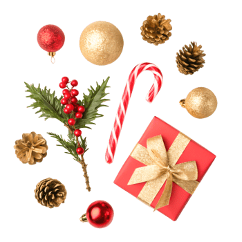 Festive Christmas Composition Red Gift, Gold Ornaments, Candy Cane, Pine Cones png