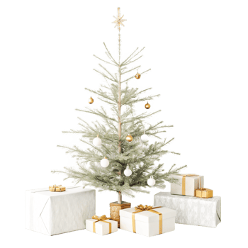 Elegant Christmas Tree with Gold and White Gifts, Festive Holiday Scene png