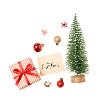 Festive Christmas Flat Lay Gift, Tree, Ornaments Card Design png