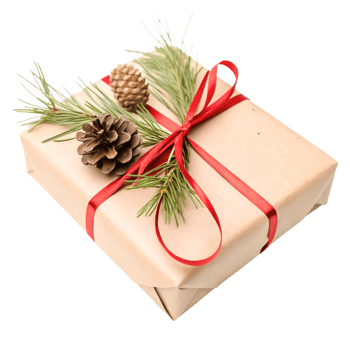 Rustic Christmas Gift Box with Pine Cones and Red Ribbon, Holiday Present png