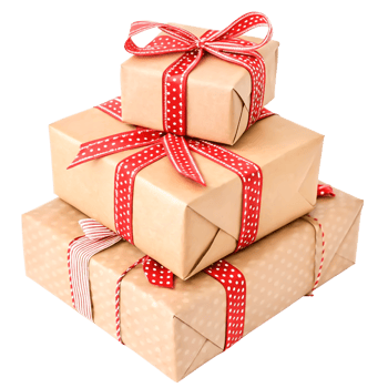 Stack of Beautifully Wrapped Gift Boxes with Red and White Ribbon Bows png