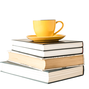Yellow Coffee Cup on Stack of Books Cozy Reading Still Life Photography png