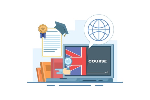 Concept of online English education courses, e-learning and distance learning, foreign language lessons education on the internet, digital marketing. Flat cartoon design illustration on the background vector
