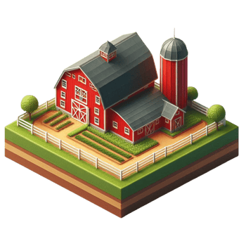 Isometric Red Barn with Silo and Crops png
