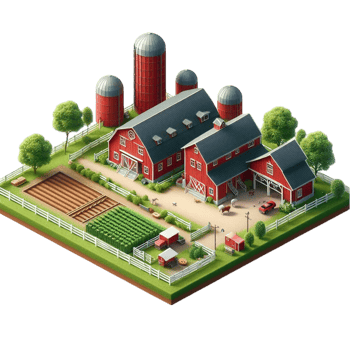 Isometric Red Barn Farm with Silos and Crops png