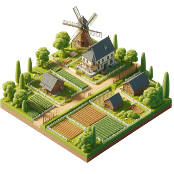 Isometric Green Farm with Windmill and Fields png