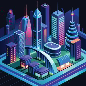 an illustration of a city with skyscrapers and buildings design on a black background vector
