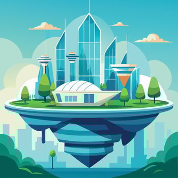 an illustration of a futuristic city with skyscrapers and trees vector