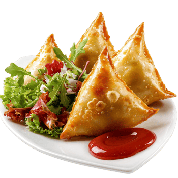 golden samosas on a white plate with salad and sauce png