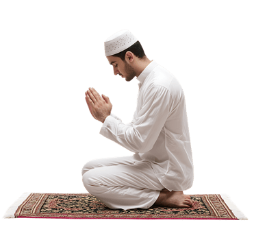 A man in traditional Islamic clothing praying on a prayer rug. png