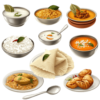 Assorted traditional dishes served in bowls with garnishes png