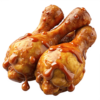 Fried chicken drumstick with an appetizing honey glaze coating on transparent background png