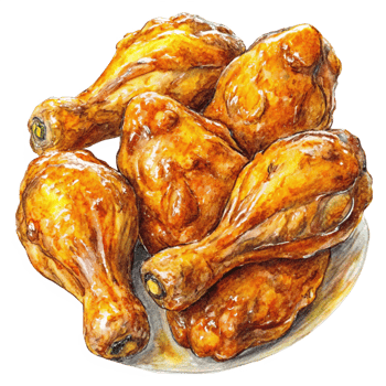 Golden-brown fried chicken drumstick with a honey glaze finish on transparent background png