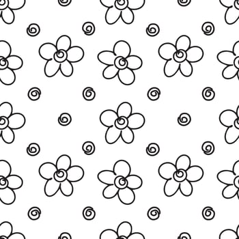 Doodle flower line hand drawn cartoon with black line seamless pattern background for wrapping, nature and illustration vector