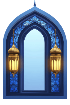 Ornate blue archway with golden lanterns. Ramadan, Eid, Islamic design. png