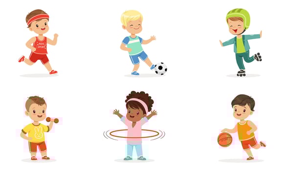 Children in different sports uniforms. Set of illustrations. vector