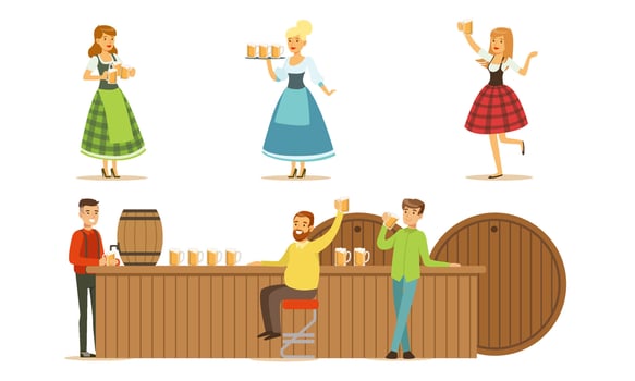 Men drink beer at the bar. Set of illustrations. vector