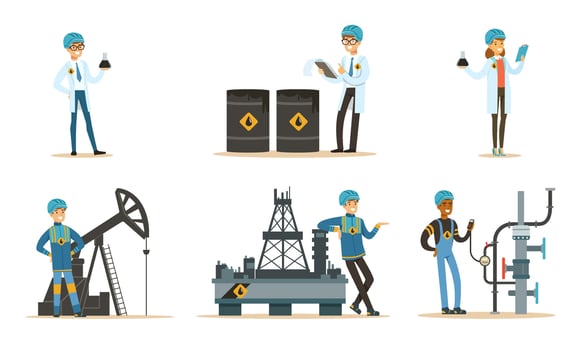 Oil industry workers. Set of illustrations. vector