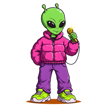 Cool Alien Rapper Holding a Golden Microphone, Cartoon Hip-Hop Character isolated on transparent background png