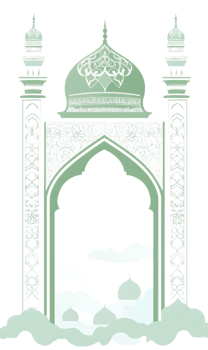Ornate Islamic gate design, mosque, minarets, clouds. Spiritual, peaceful background. png